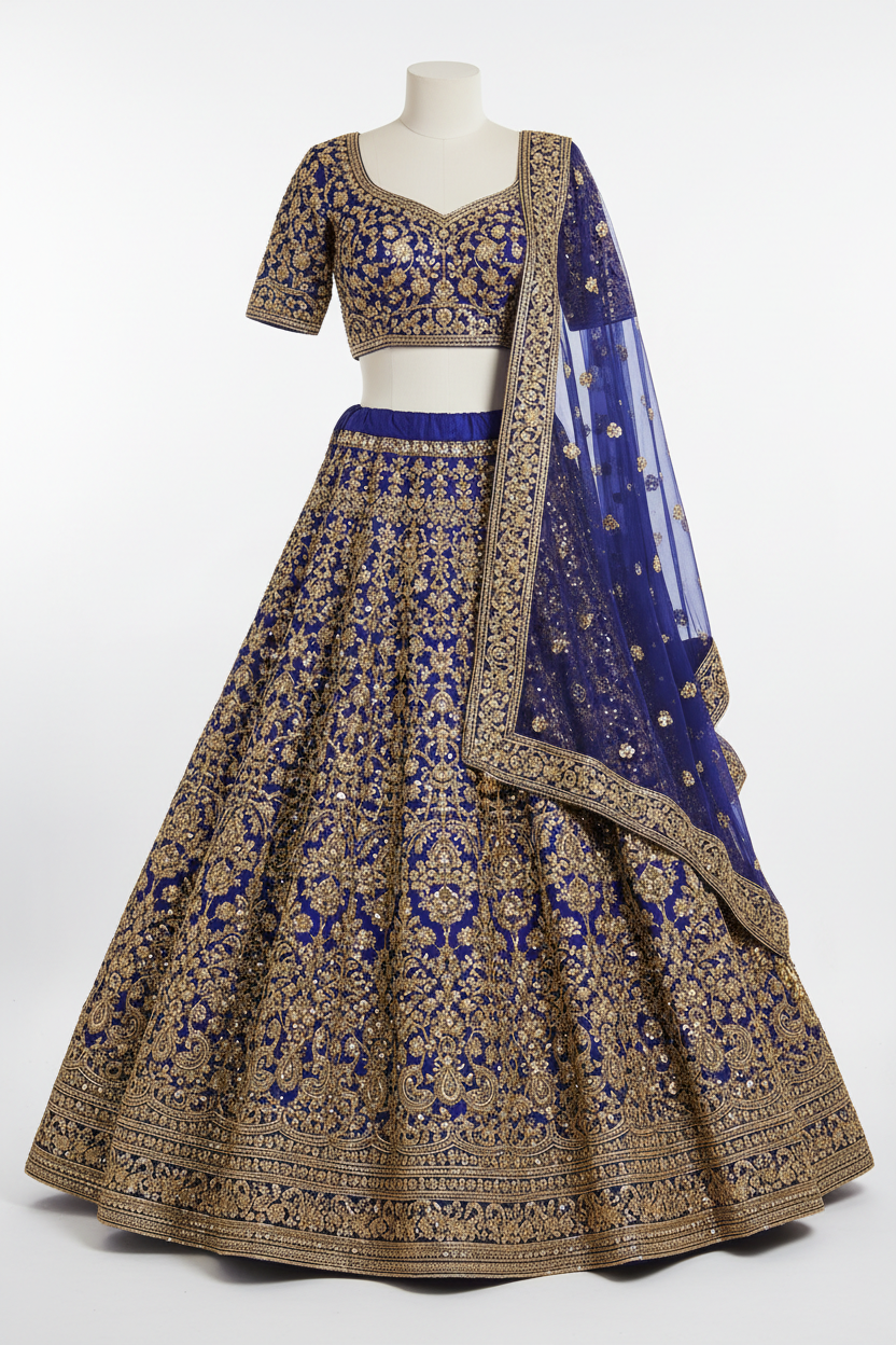 Cobalt Blue Heavy Embroidered Lehenga with Dense Gold Sequin Work
