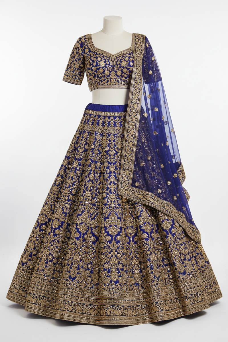 Heavy Embroidered Lehenga – Cobalt Blue with Gold Sequin Work
