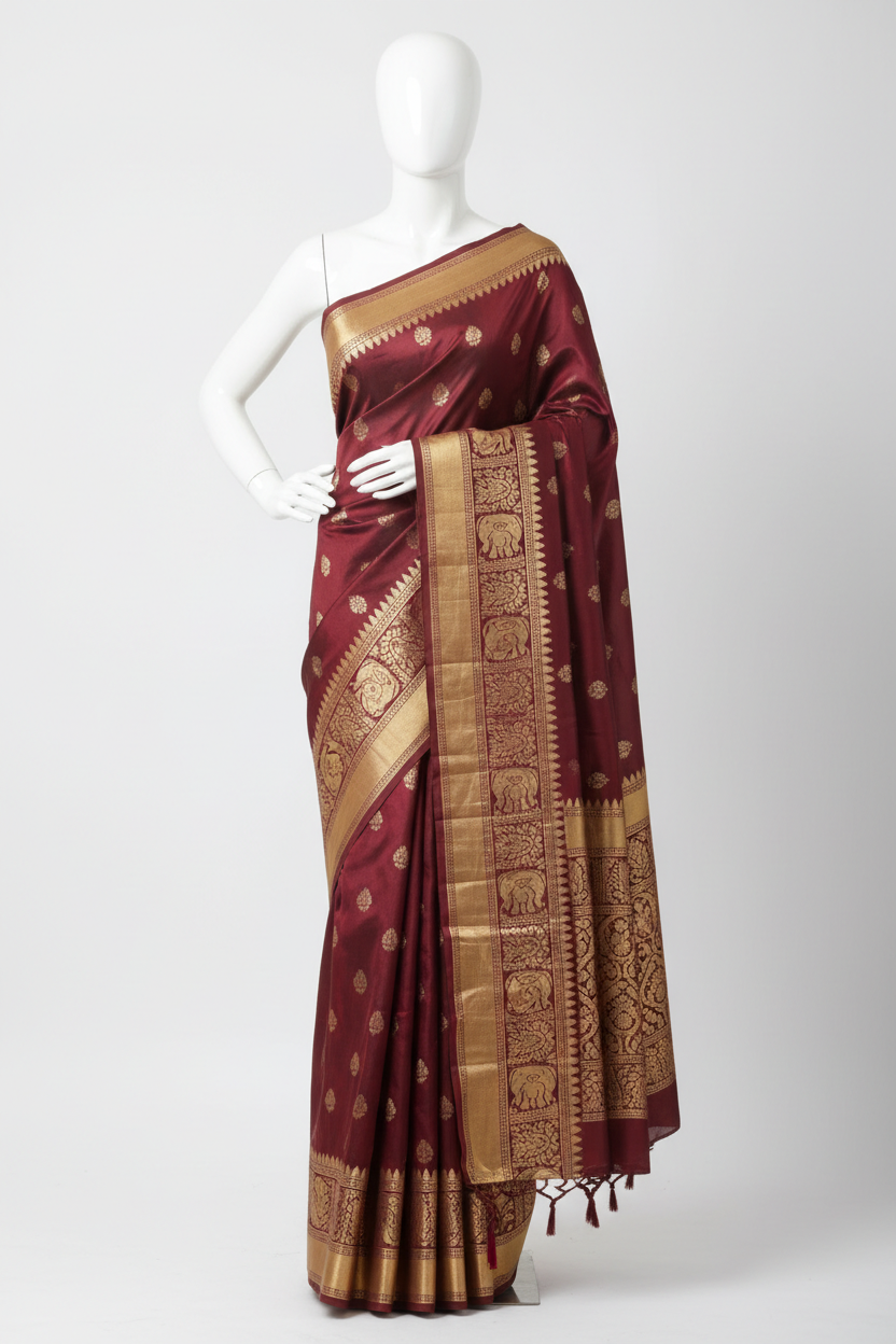 Deep Maroon Kanjivaram Silk Saree with Gold Zari Temple Border