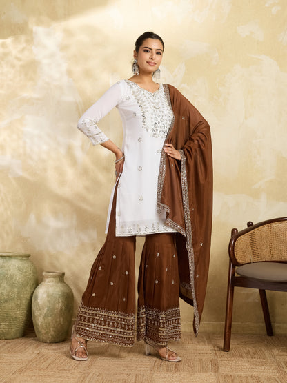 White & Brown Embroidered Kurta Sharara Set with Dupatta