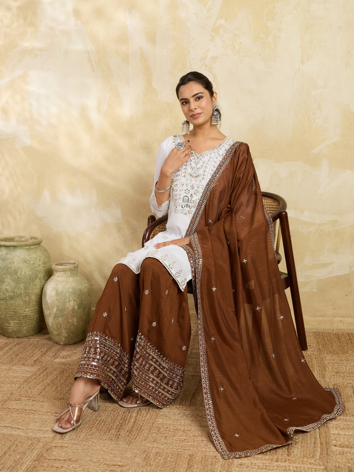 White & Brown Embroidered Kurta Sharara Set with Dupatta