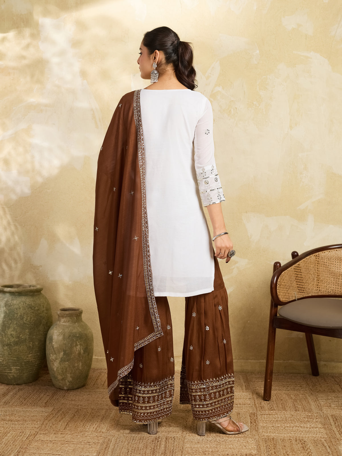 White & Brown Embroidered Kurta Sharara Set with Dupatta