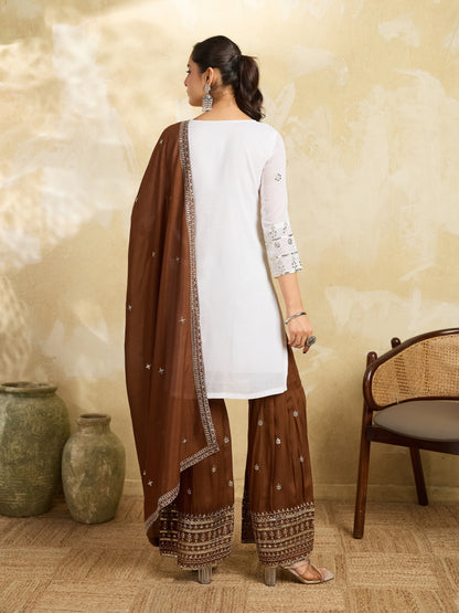 White & Brown Embroidered Kurta Sharara Set with Dupatta