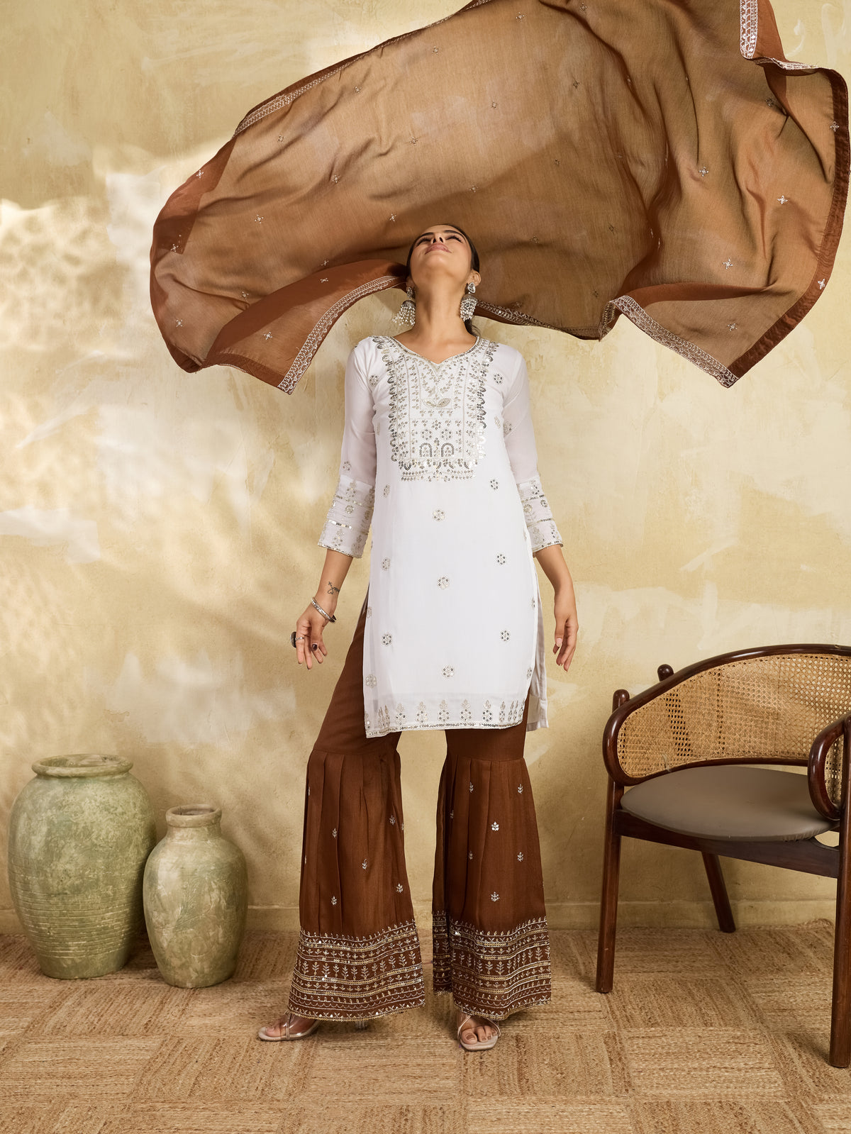 White & Brown Embroidered Kurta Sharara Set with Dupatta