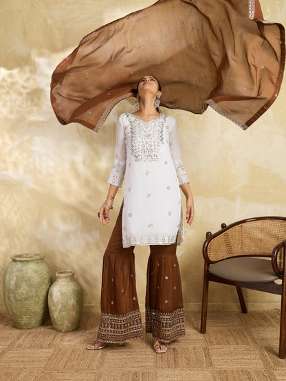 White & Brown Embroidered Kurta Sharara Set with Dupatta