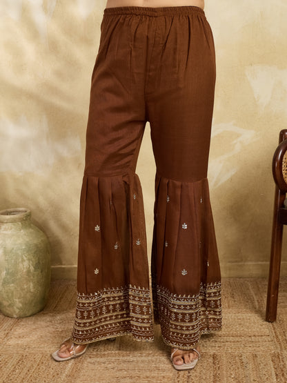 White & Brown Embroidered Kurta Sharara Set with Dupatta