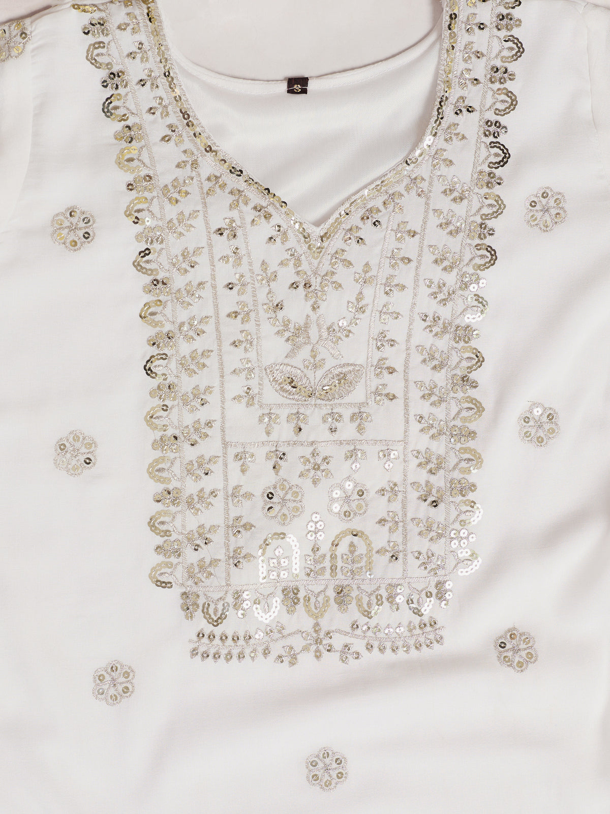 White & Brown Embroidered Kurta Sharara Set with Dupatta