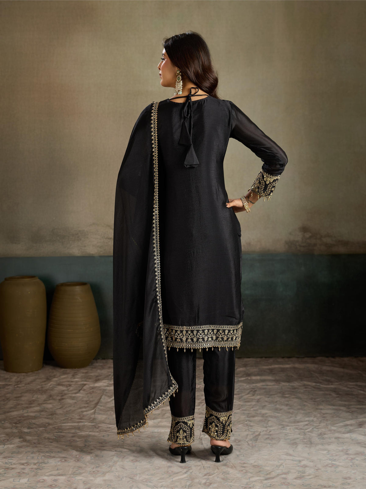 Black Gold Zari Embroidered Silk Kurta Pant Set with Dupatta