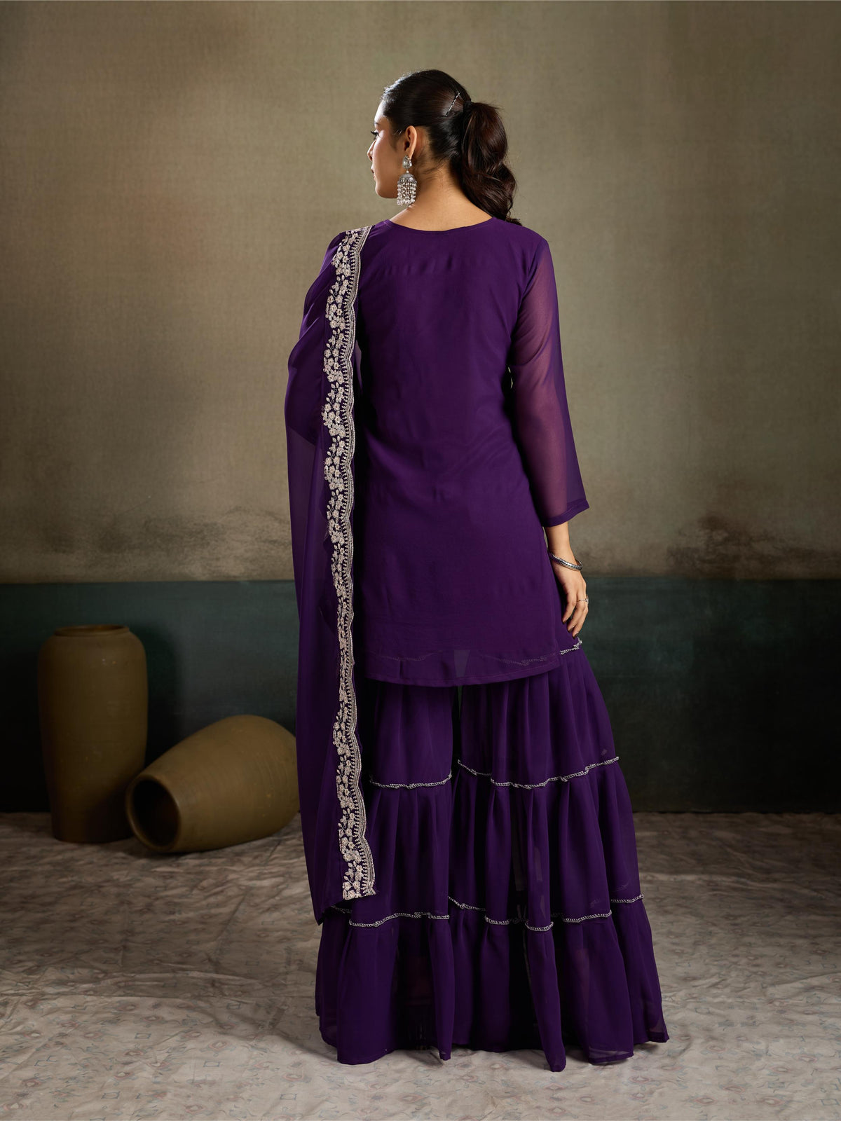 Violet silver zari embroidered georgette kurta sharara set - back view with dupatta