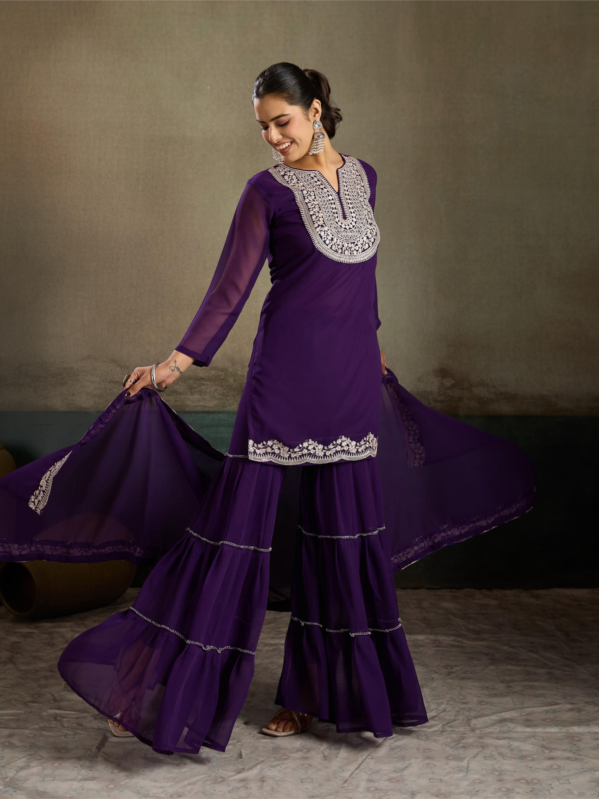 Violet silver zari embroidered georgette kurta sharara set - joyful twirl shot flaring sharara