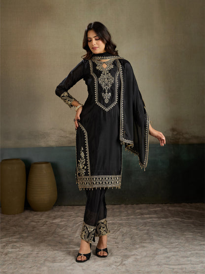 Black gold zari embroidered silk kurta pant set - full front editorial pose dupatta open