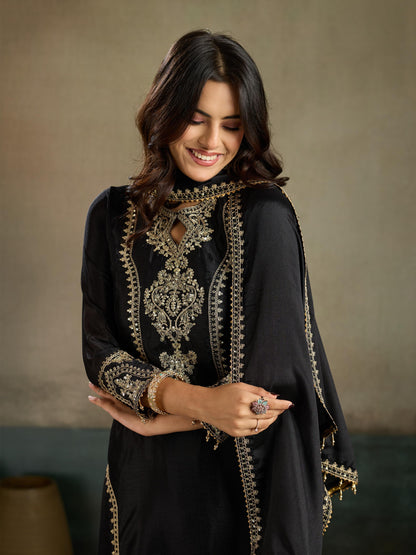 Black gold zari embroidered silk kurta pant set - close up neckline diamond keyhole zari medallion embroidery detail