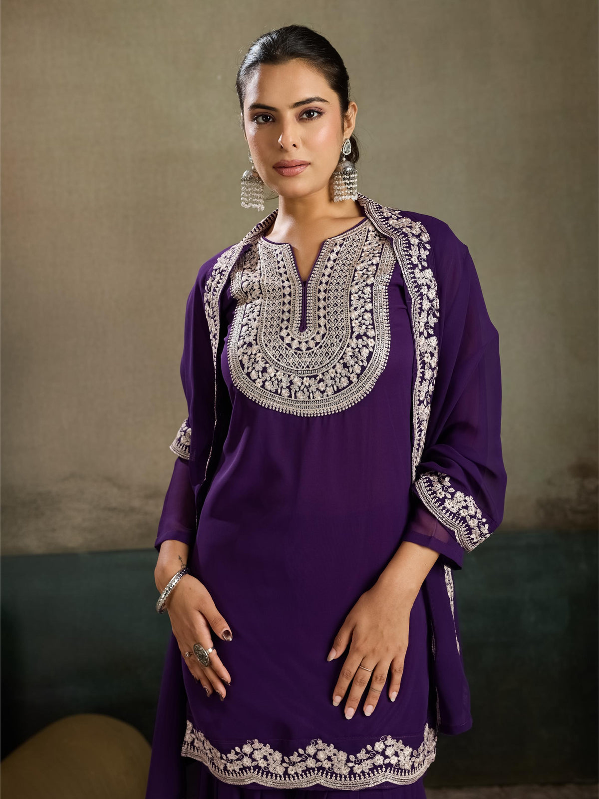 Violet Silver Zari Embroidered Georgette Kurta Sharara Set with Dupatta