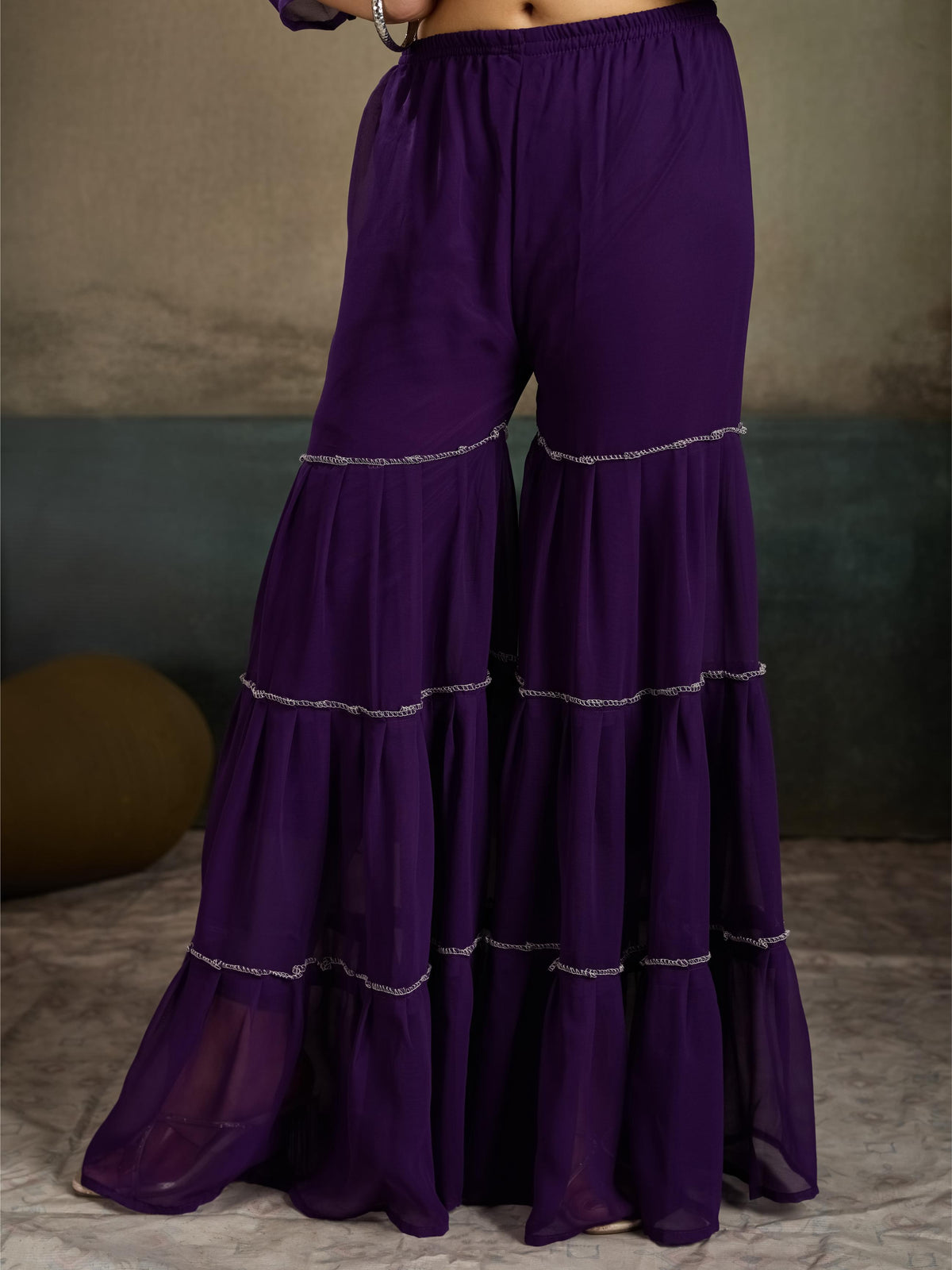 Violet Silver Zari Embroidered Georgette Kurta Sharara Set with Dupatta