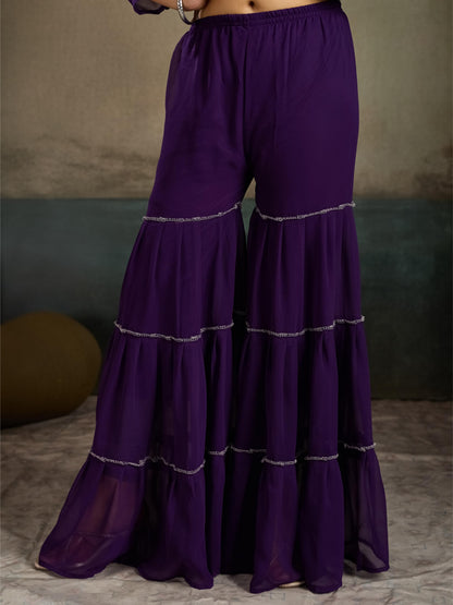 Violet Silver Zari Embroidered Georgette Kurta Sharara Set with Dupatta