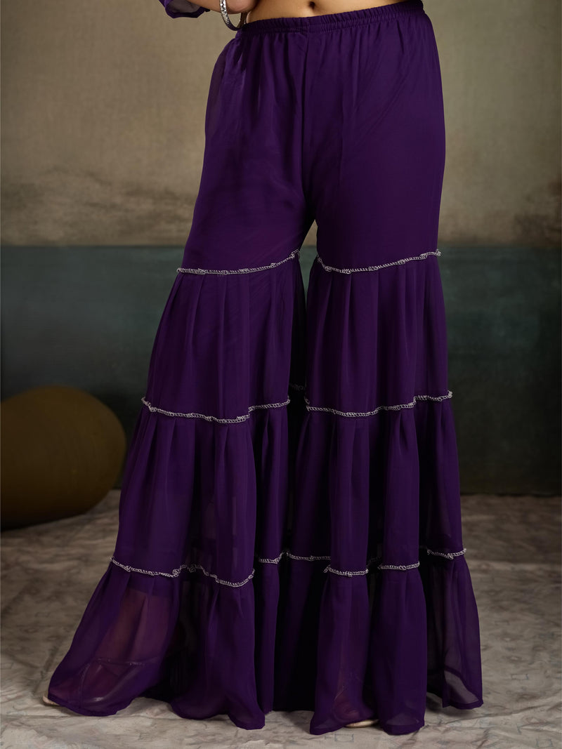 Violet Silver Zari Embroidered Georgette Kurta Sharara Set with Dupatta