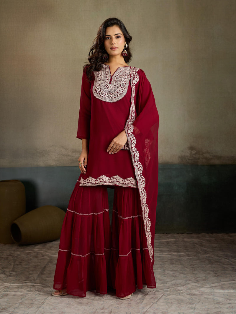Maroon Silver Zari Embroidered Georgette Kurta Sharara Set with Dupatta
