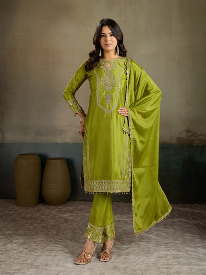 Olive Green Gold Zari Embroidered Silk Kurta Pant Set with Dupatta