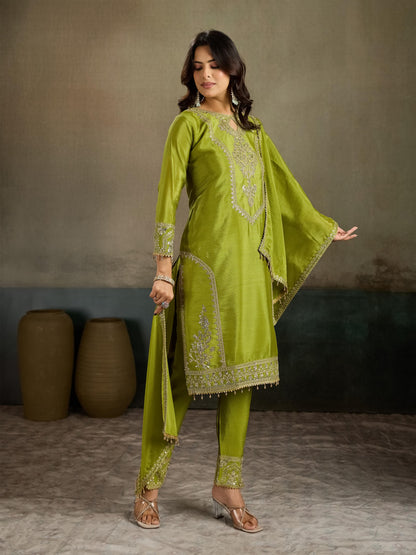 Olive Green Gold Zari Embroidered Silk Kurta Pant Set with Dupatta