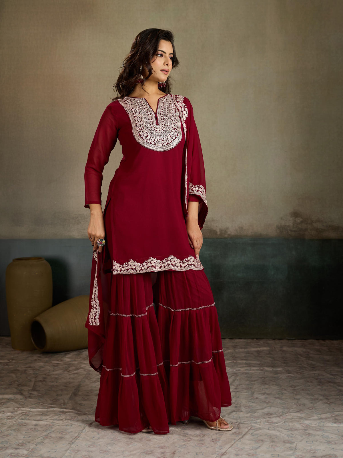 Maroon Silver Zari Embroidered Georgette Kurta Sharara Set with Dupatta