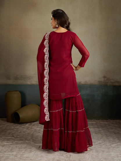 Maroon Silver Zari Embroidered Georgette Kurta Sharara Set with Dupatta