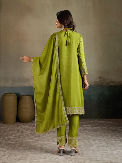Olive Green Gold Zari Embroidered Silk Kurta Pant Set with Dupatta