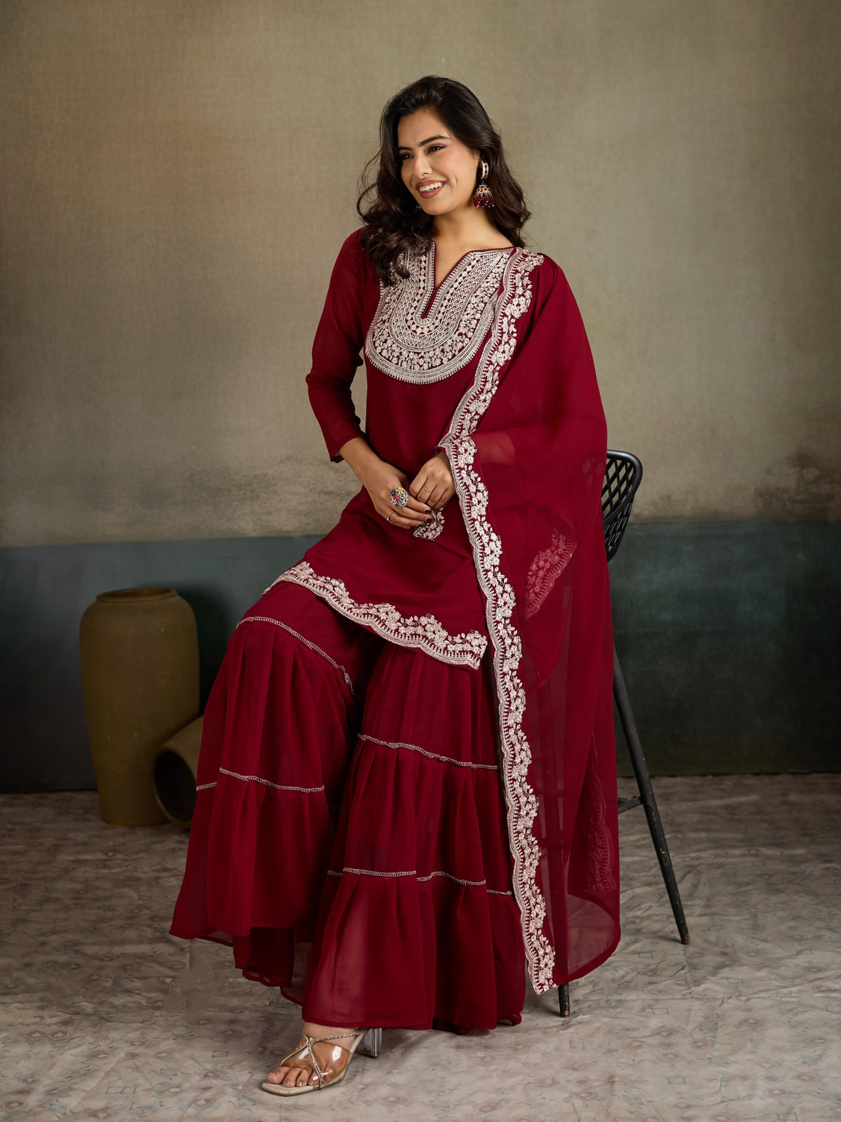 Maroon Silver Zari Embroidered Georgette Kurta Sharara Set with Dupatta