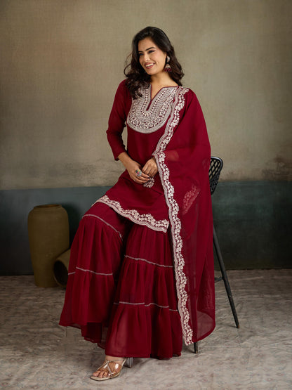 Maroon Silver Zari Embroidered Georgette Kurta Sharara Set with Dupatta