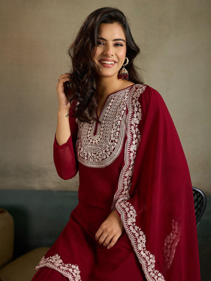 Maroon Silver Zari Embroidered Georgette Kurta Sharara Set with Dupatta