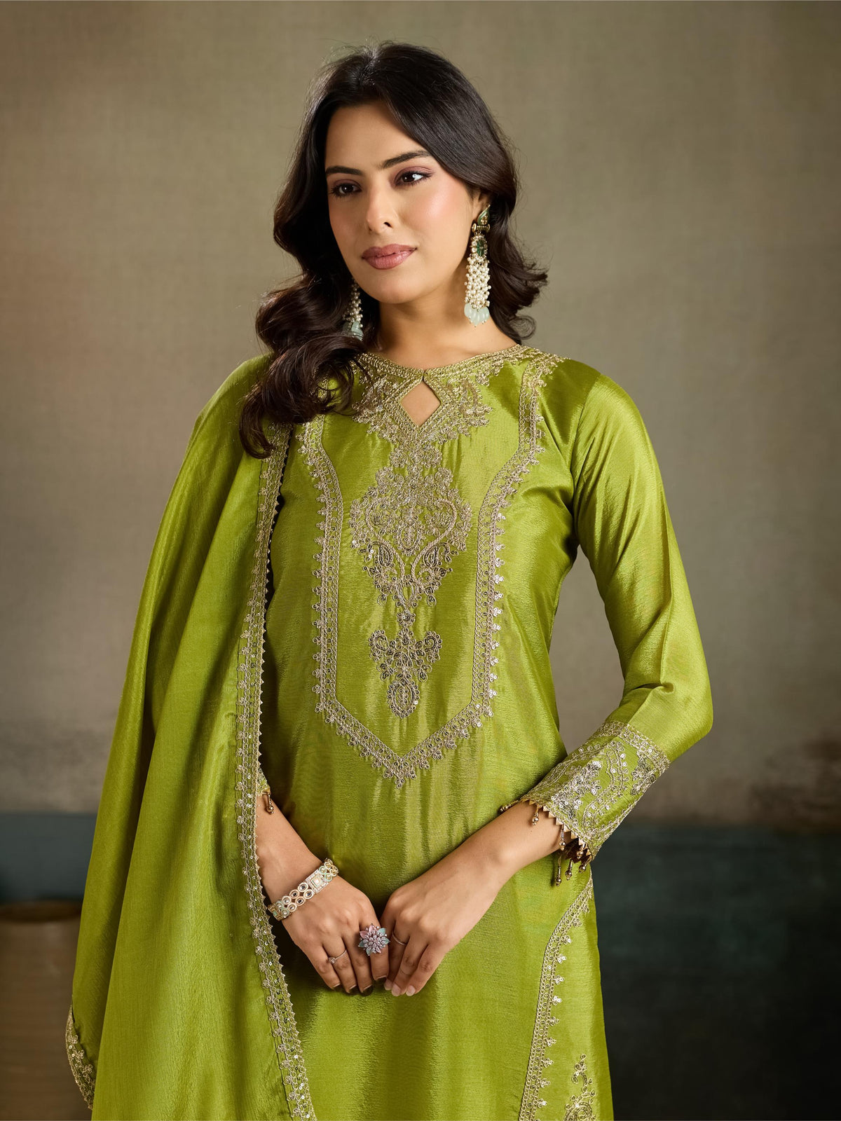 Olive Green Gold Zari Embroidered Silk Kurta Pant Set with Dupatta