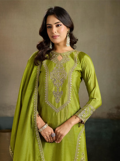 Olive Green Gold Zari Embroidered Silk Kurta Pant Set with Dupatta