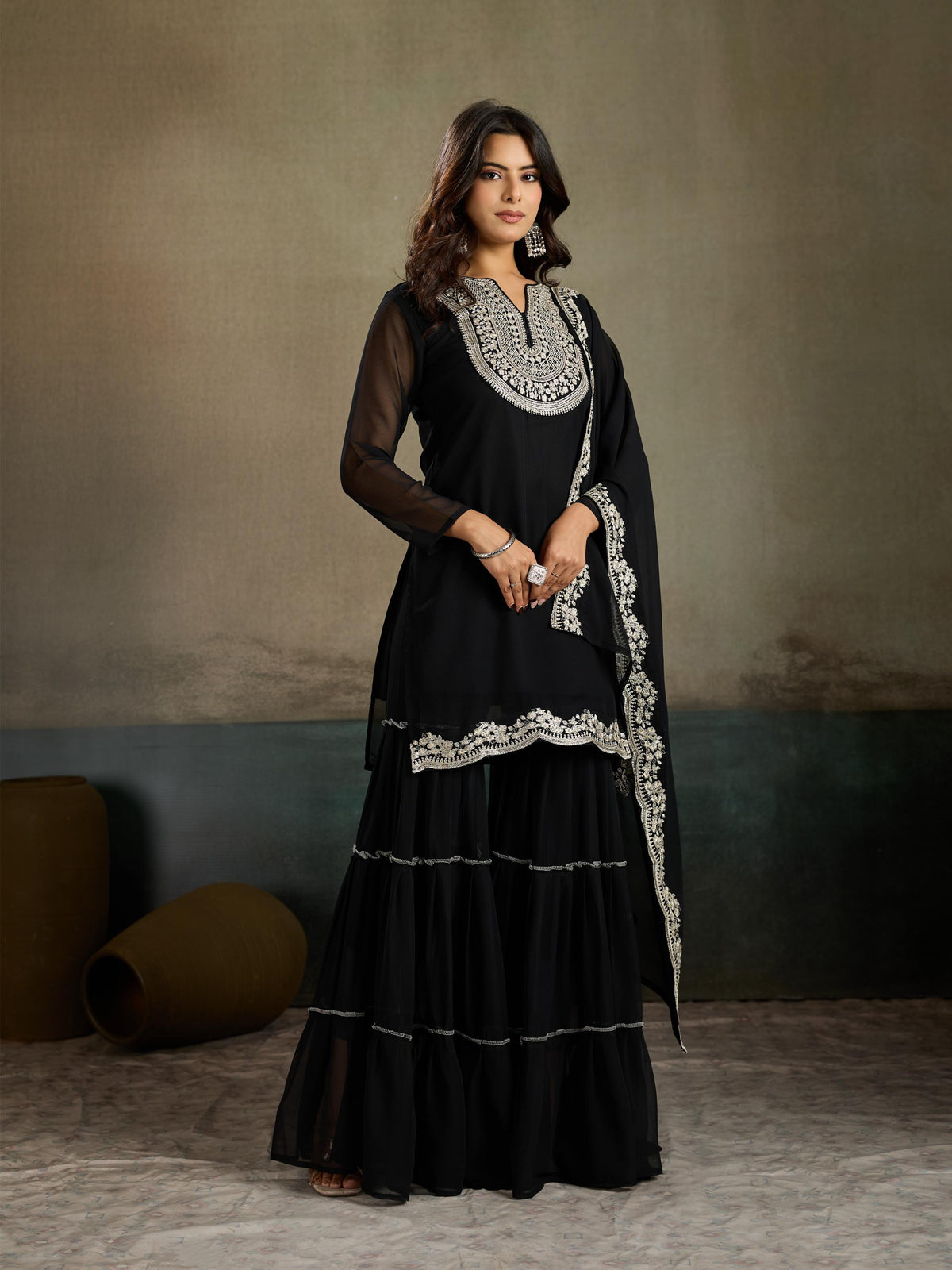 Black White Zari Embroidered Georgette Kurta Sharara Set with Dupatta