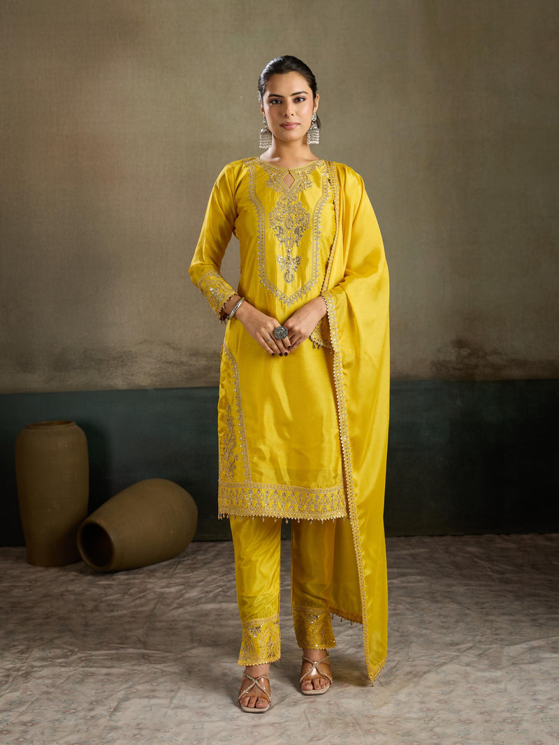 Yellow Gold Zari Embroidered Silk Kurta Pant Set with Dupatta