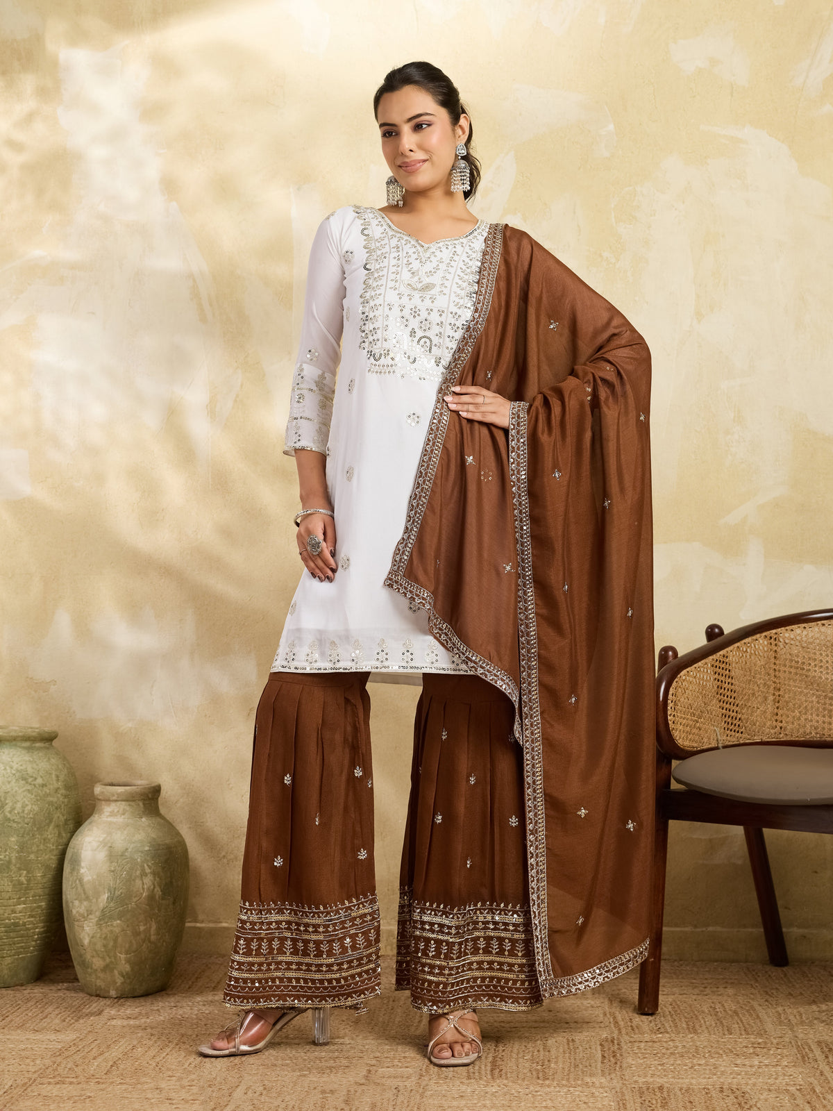 White embroidered kurta sharara set with brown dupatta - front view