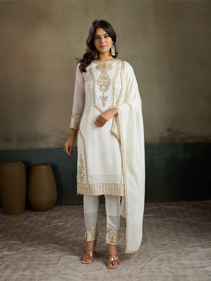 Ivory White Gold Zari Embroidered Silk Kurta Pant Set with Dupatta