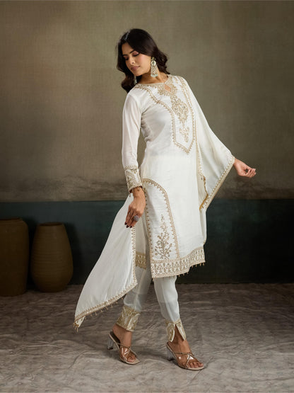 Ivory White Gold Zari Embroidered Silk Kurta Pant Set with Dupatta