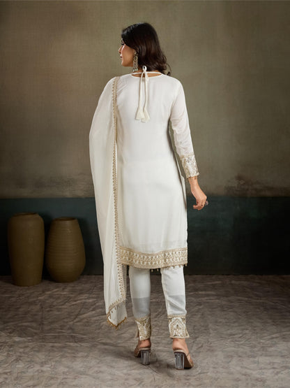 Ivory White Gold Zari Embroidered Silk Kurta Pant Set with Dupatta