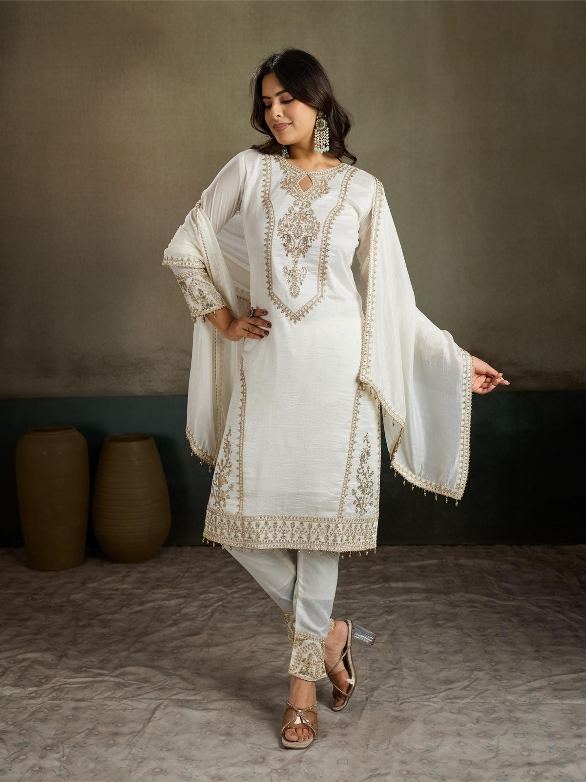 Ivory White Gold Zari Embroidered Silk Kurta Pant Set with Dupatta