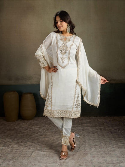 Ivory White Gold Zari Embroidered Silk Kurta Pant Set with Dupatta
