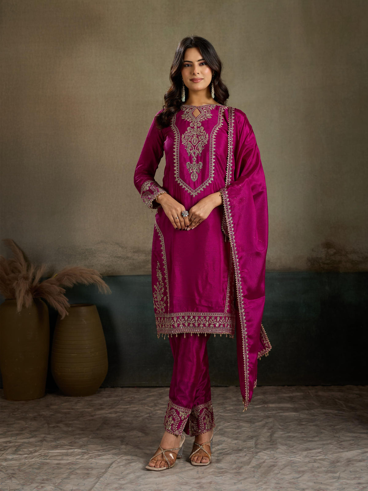 Magenta rani pink gold zari embroidered silk kurta pant set - full front view with dupatta styled as hijab drape