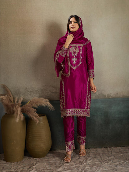 Magenta rani pink gold zari embroidered silk kurta pant set - full front view dupatta draped over shoulder standing