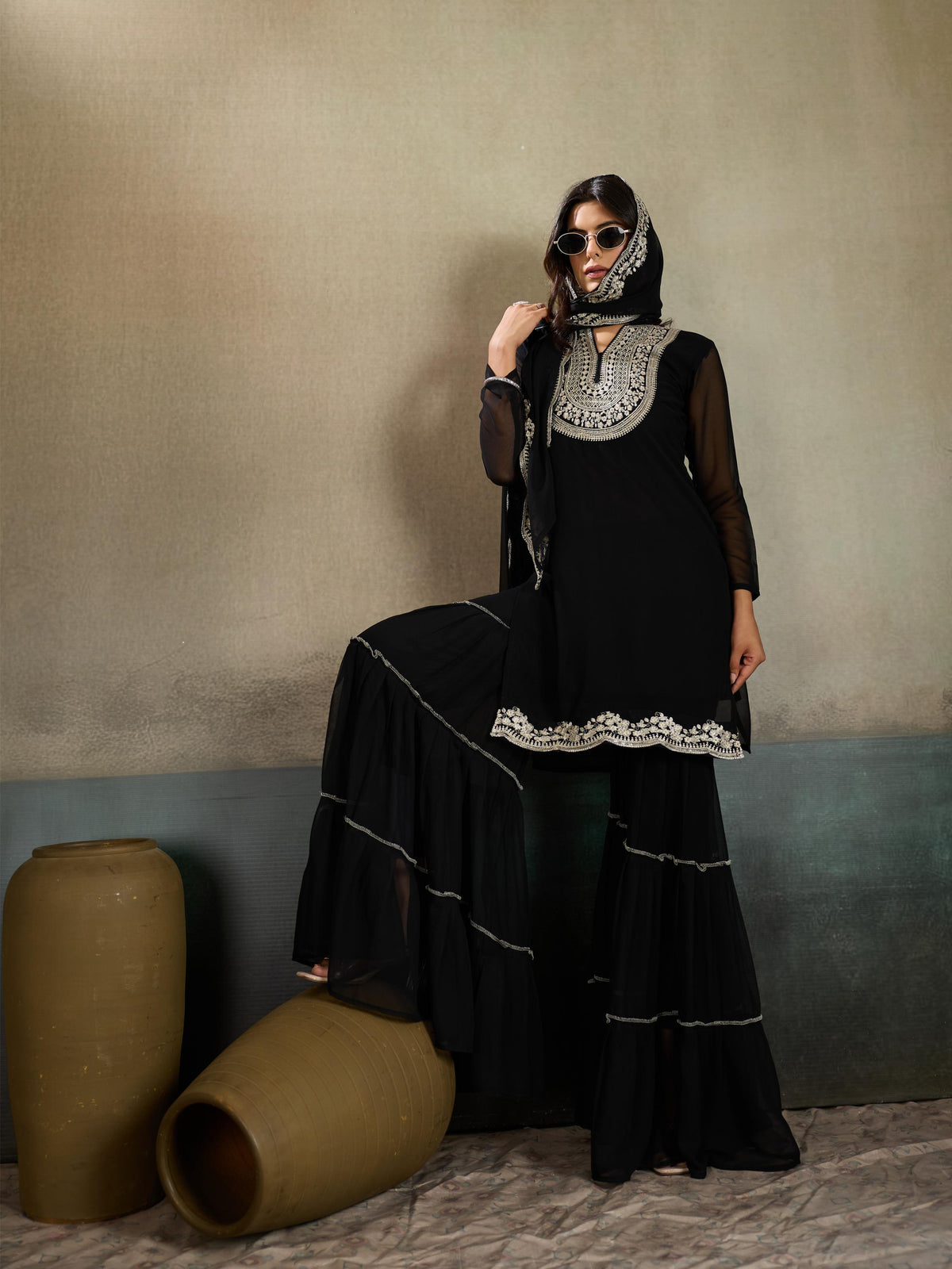 Black White Zari Embroidered Georgette Kurta Sharara Set with Dupatta