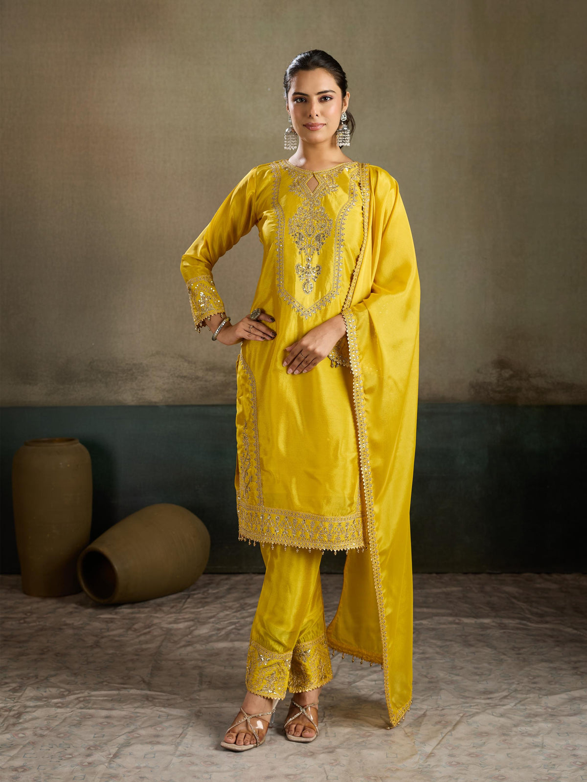 Yellow gold zari embroidered silk kurta pant set - full front view standing with dupatta draped