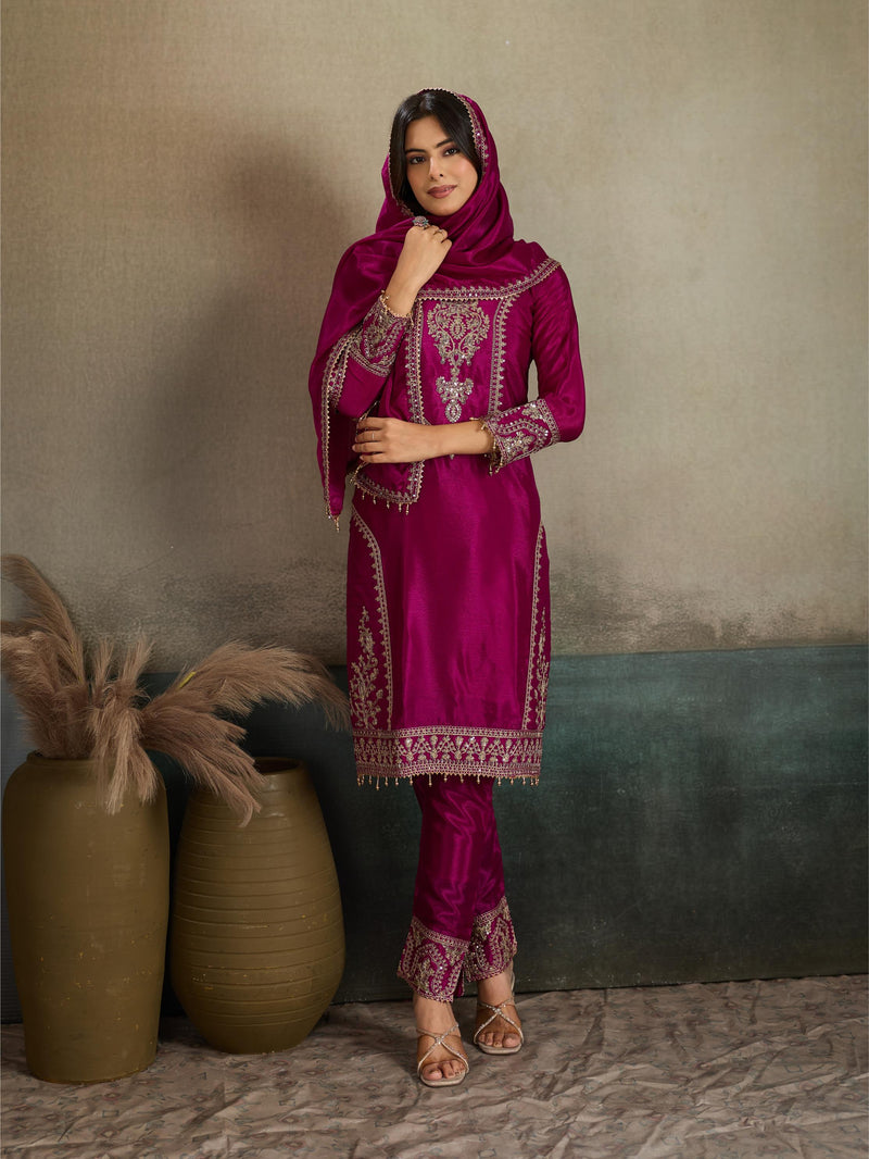 Magenta Rani Pink Gold Zari Embroidered Silk Kurta Pant Set with Dupatta