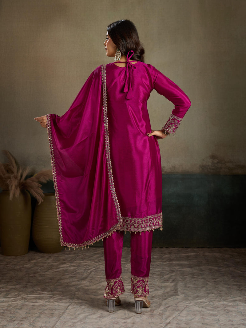 Magenta Rani Pink Gold Zari Embroidered Silk Kurta Pant Set with Dupatta