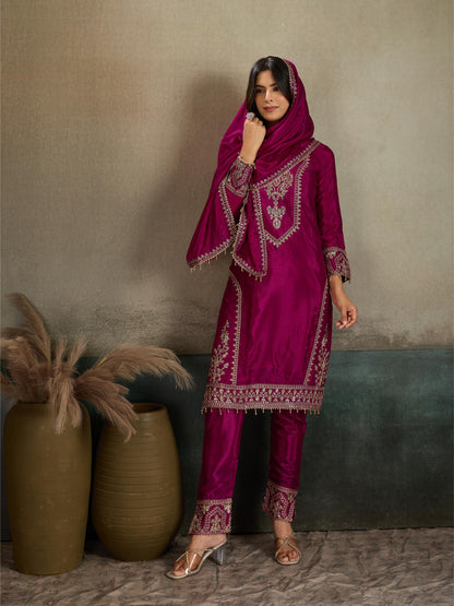 Magenta Rani Pink Gold Zari Embroidered Silk Kurta Pant Set with Dupatta