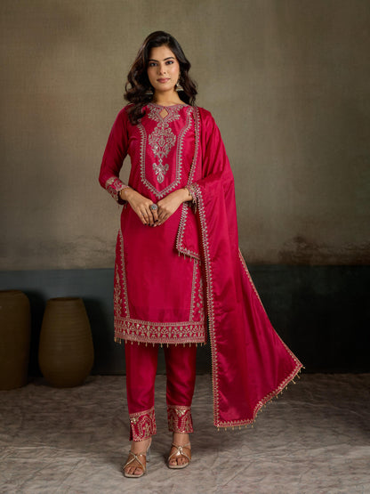 Crimson Red Gold Zari Embroidered Silk Kurta Pant Set with Dupatta