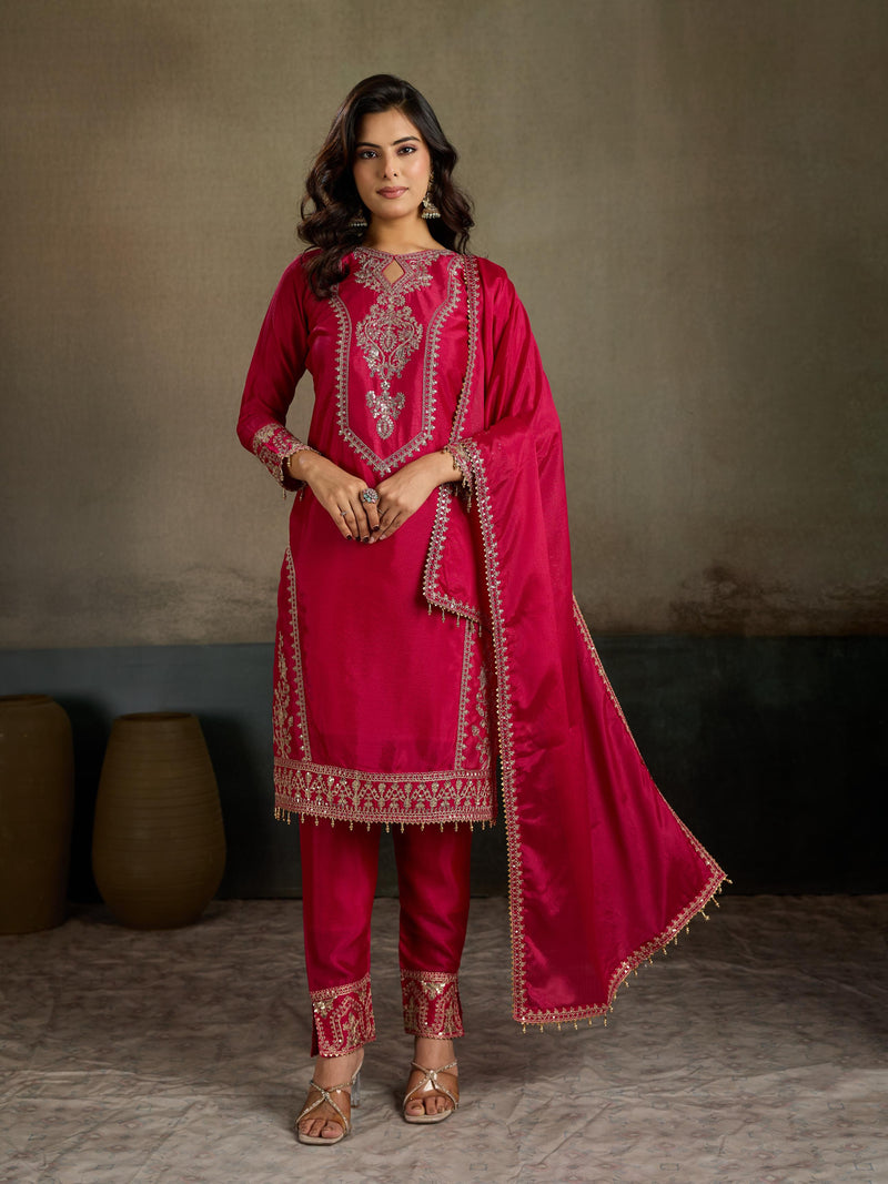 Crimson Red Gold Zari Embroidered Silk Kurta Pant Set with Dupatta
