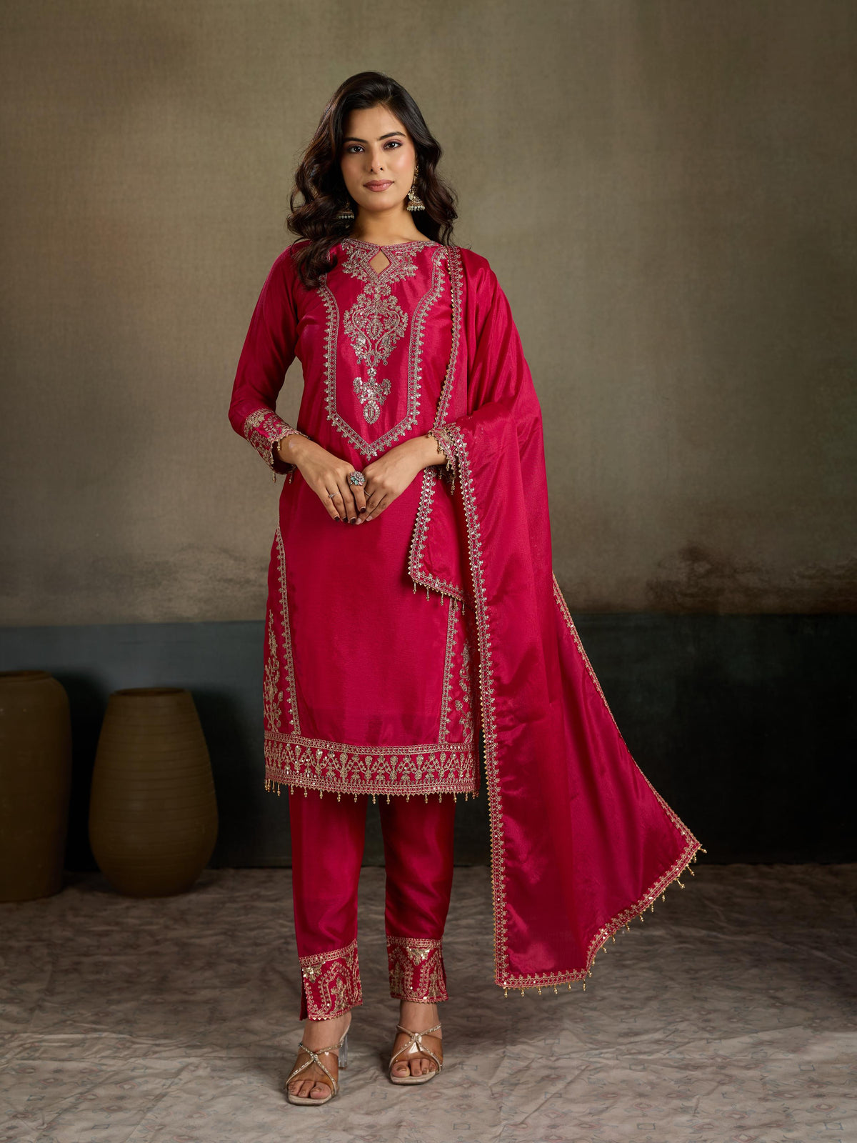 Crimson red gold zari embroidered silk kurta pant set - full front view standing dupatta draped over shoulder