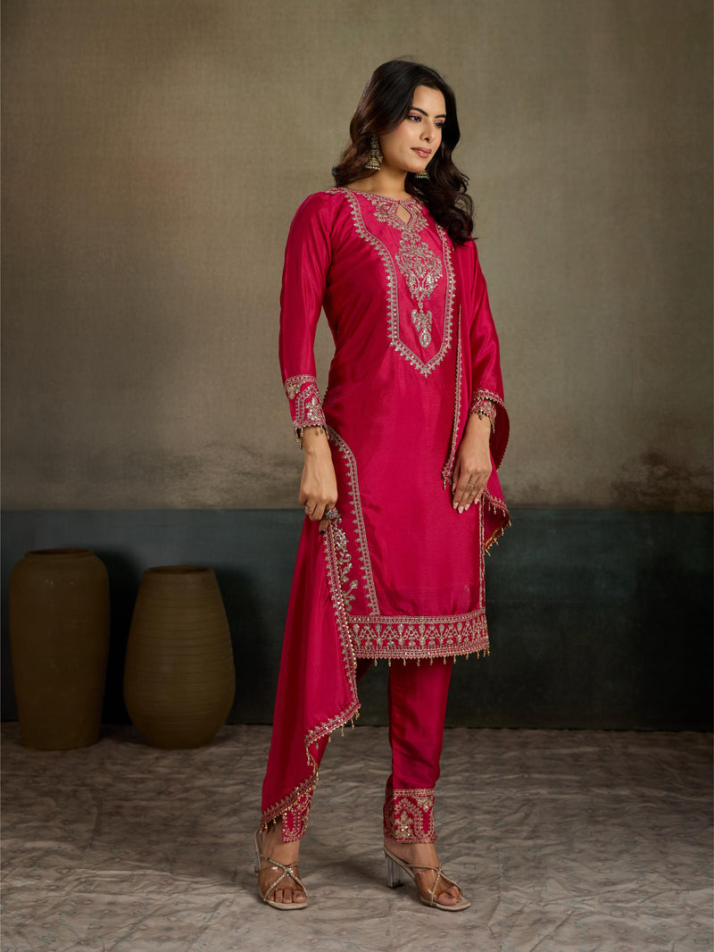 Crimson Red Gold Zari Embroidered Silk Kurta Pant Set with Dupatta